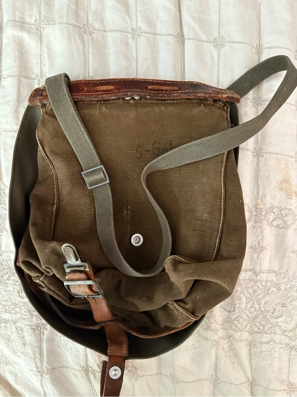 Vintage Swiss Military canvas and leather Bread bag